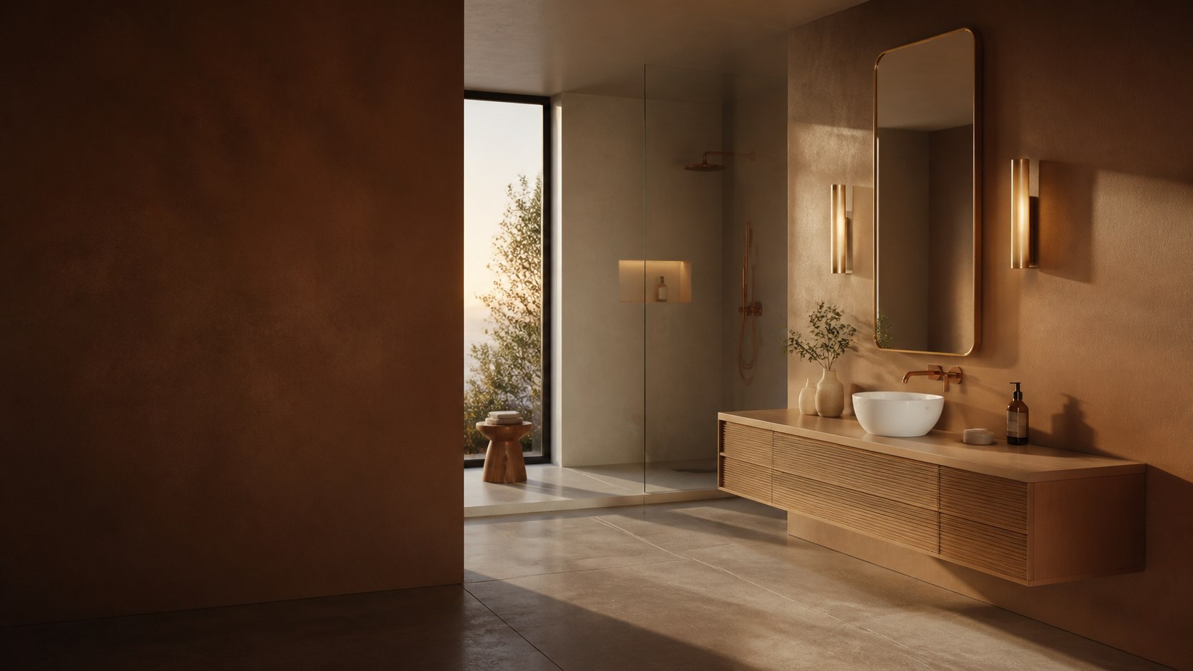 Warm contemporary bathroom featuring an Ovid Woizer basin