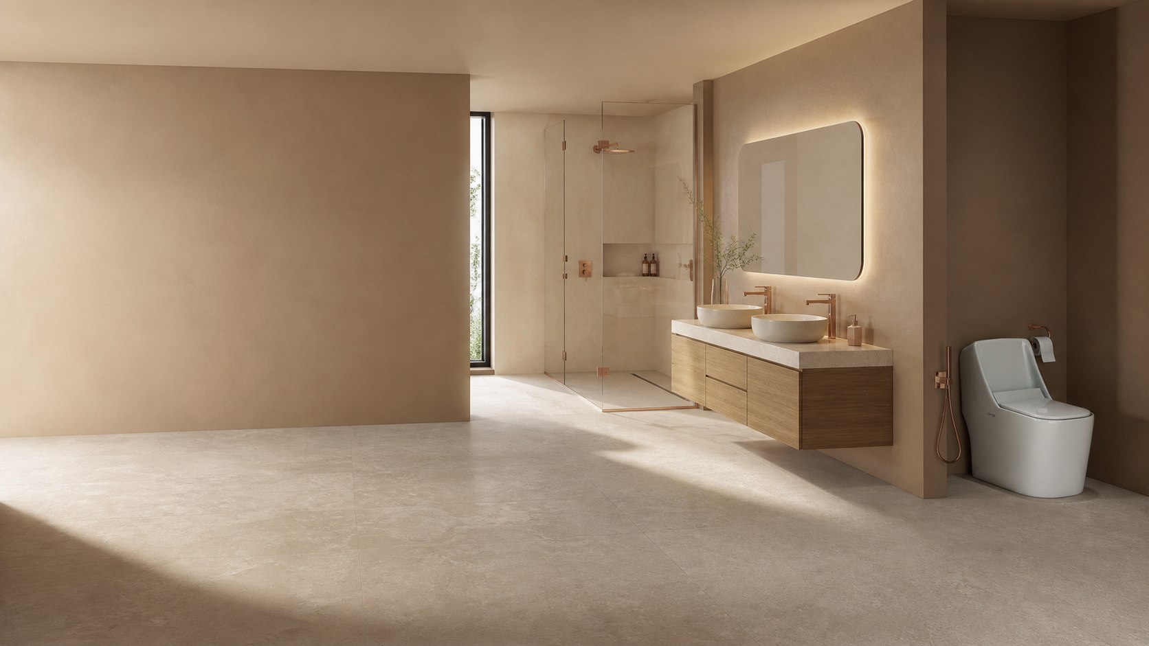 Spacious contemporary bathroom featuring an Ovid Alfa closet
